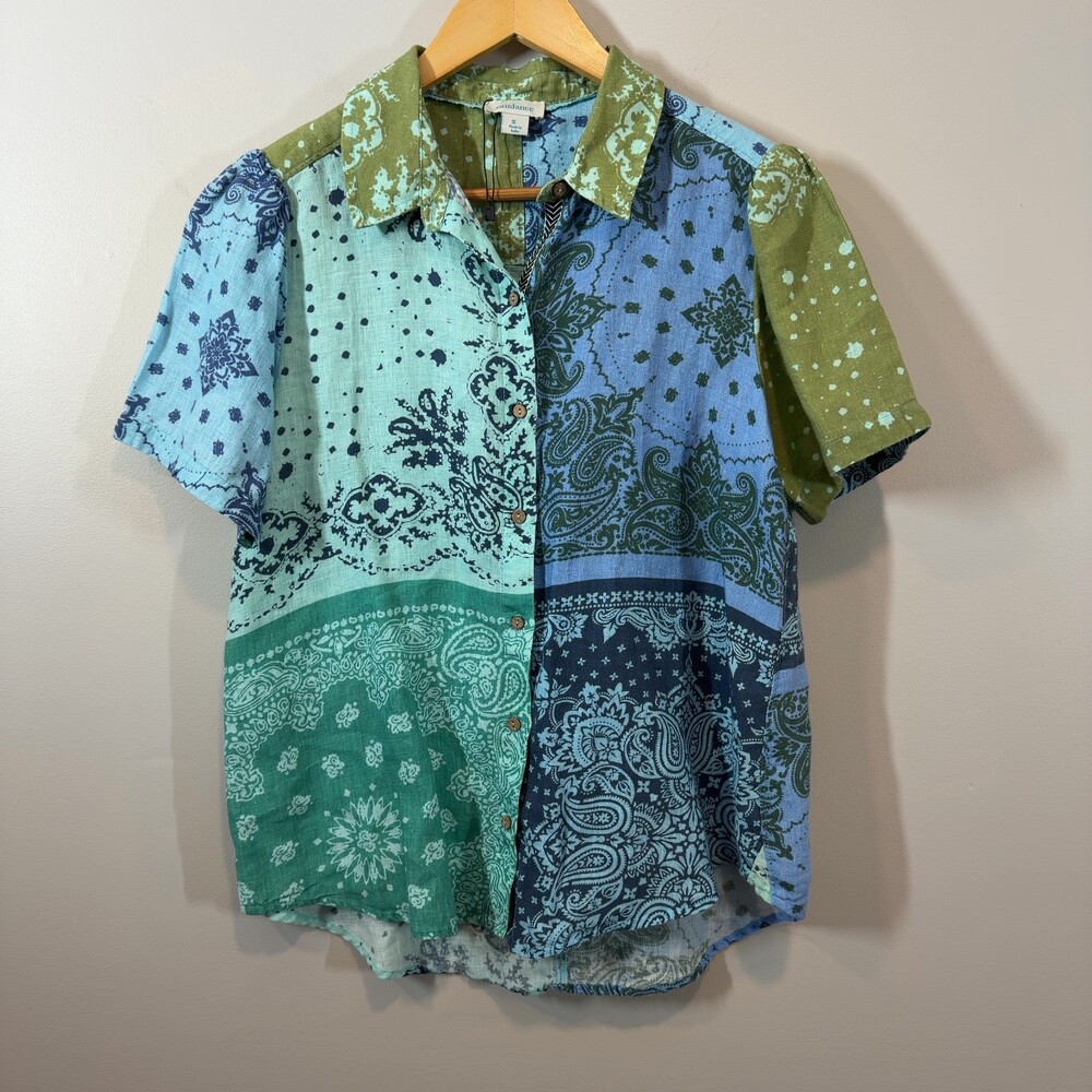 Sundance 100% Linen Patchwork Bandana Print Short Sleeve Button Up Shirt S‎